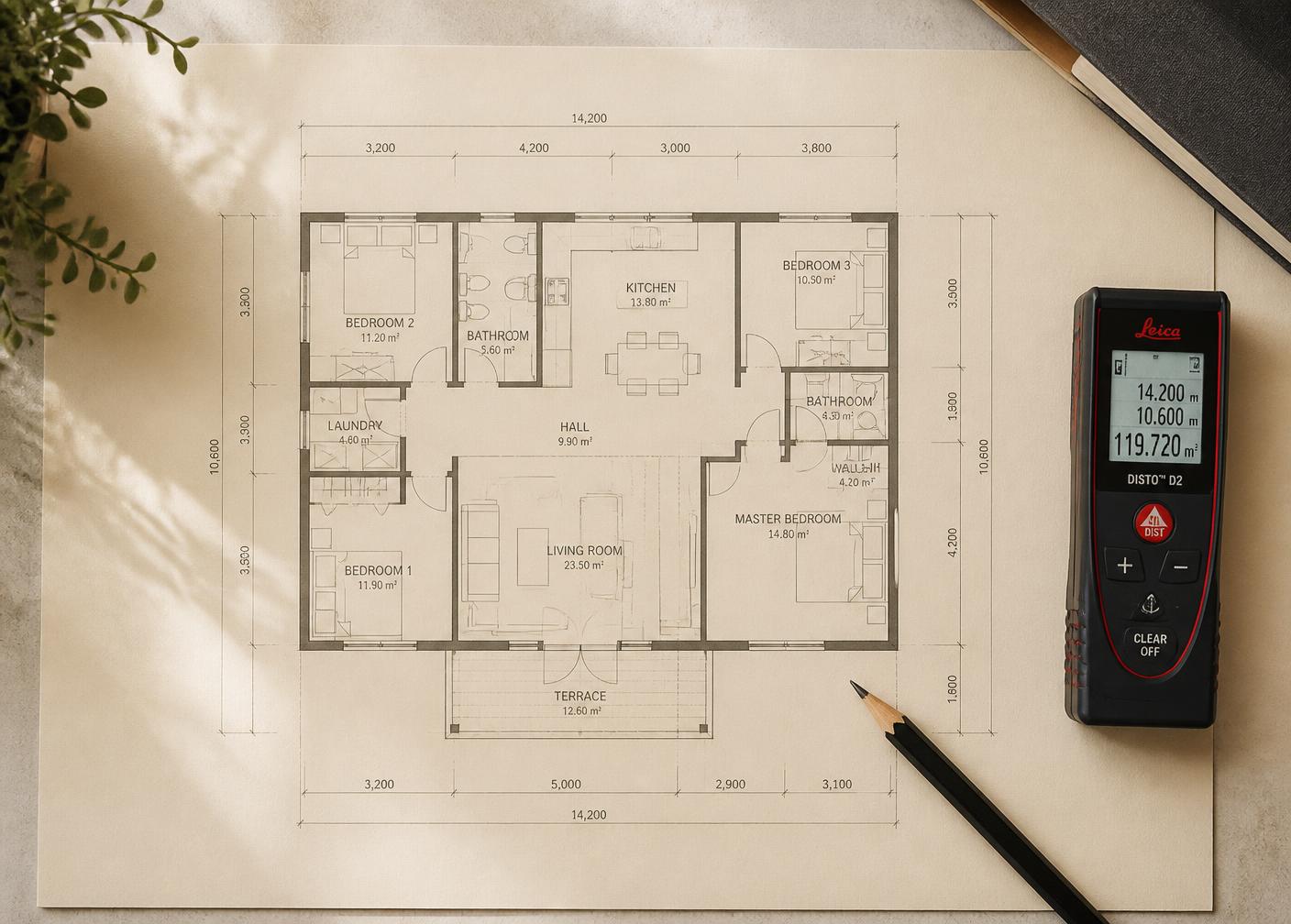 Plattegrond met maatvoering en een laserafstandsmeter