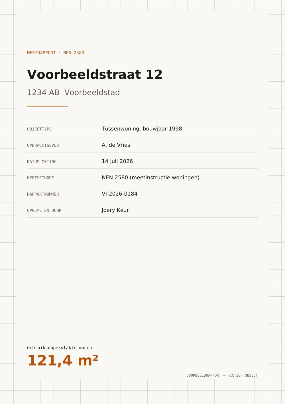 Pagina 1 van het voorbeeld-meetrapport: Voorblad met objectgegevens